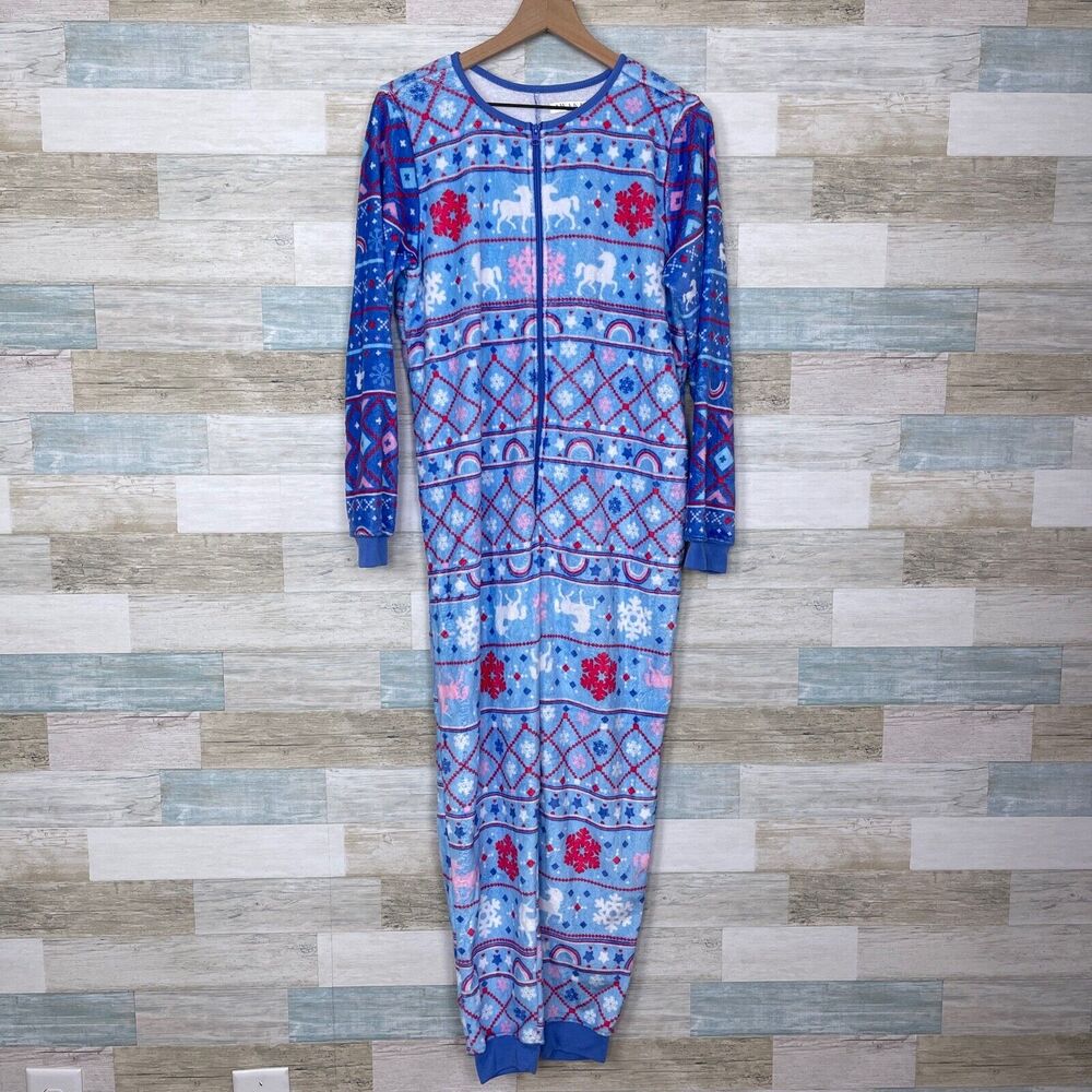 Awake Luxe Plush Rainbow Unicorn Fair Isle One Piece Pajama Blue Womens Small